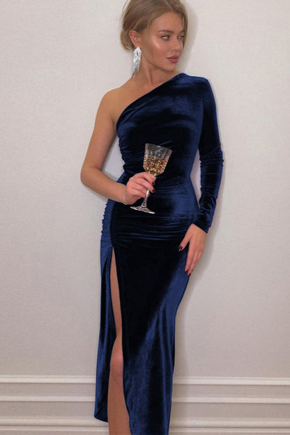 Velvet Ruched Slit Chic Cocktail Dress