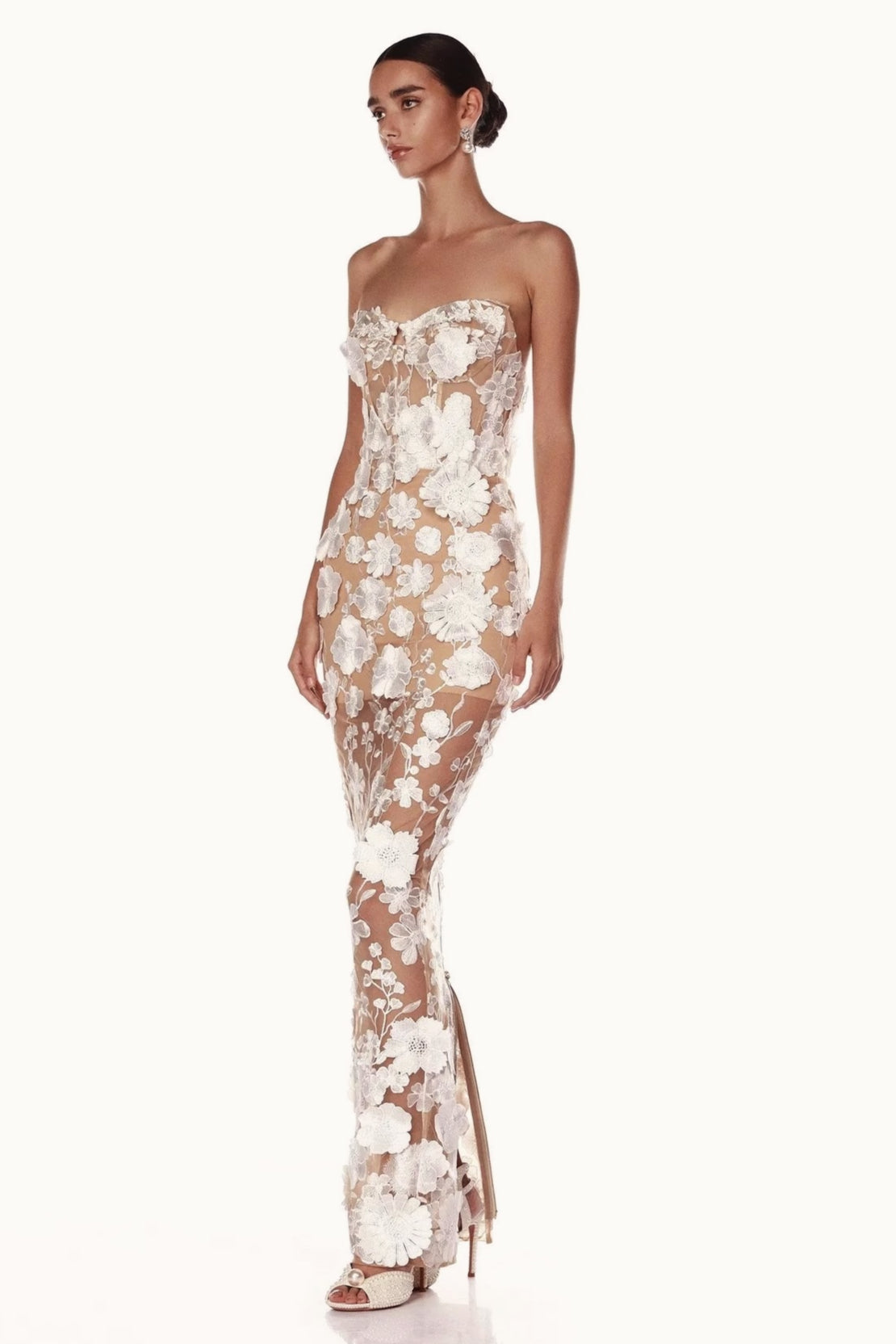 Elegant Strapless 3D Floral Embroidery Floral Dress