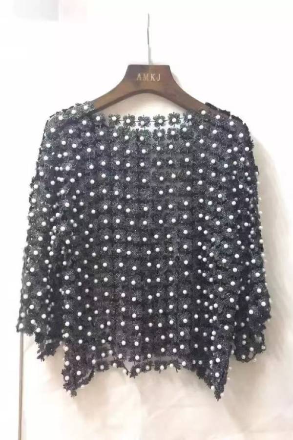 3D Flower Pearl Embellished Mesh Cover-Up Top