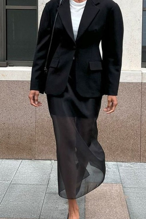 Double Layer Sheer Black High Slit Bodycon Skirt