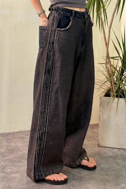 Striped Color Block Drawstring Loose Wide Leg Straight Jeans