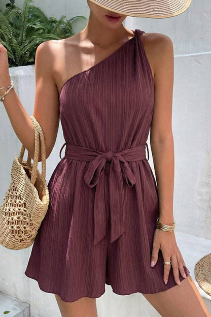 One-Shoulder Tie-Waist Textured Romper