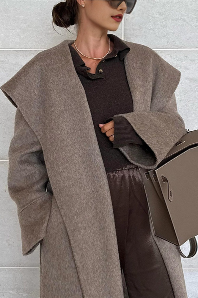 Wool Wide Lapel Cinched Waist Long Overcoat