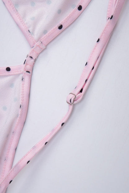 Pink Polka Dot Halter Skirt Style Three Piece Swim Set
