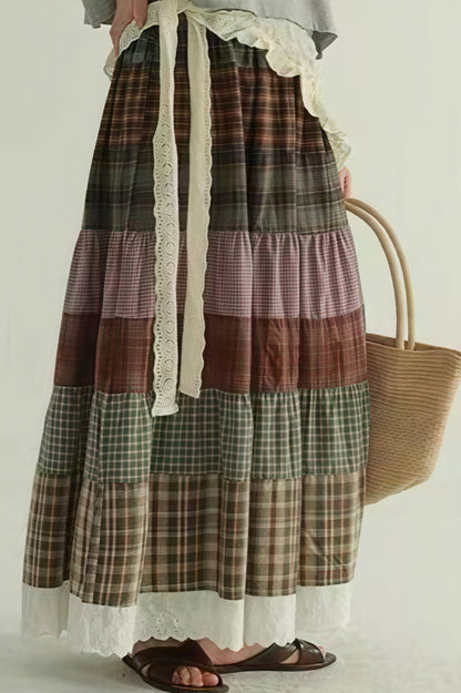 Vintage Plaid Patchwork Flared Boho Skirt