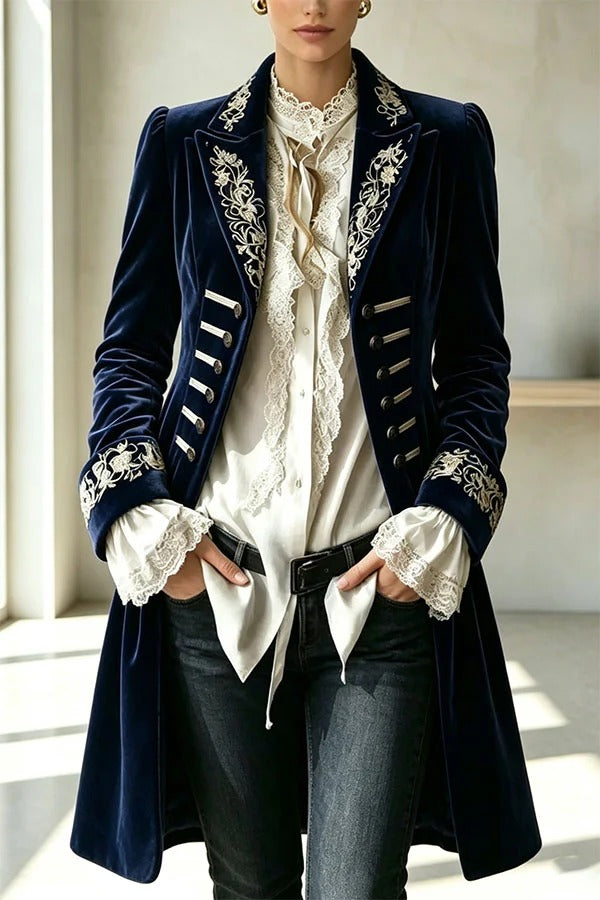 Royal Style Velvet Embroidery Long Sleeve Napoleon Button-down Lapel Coat