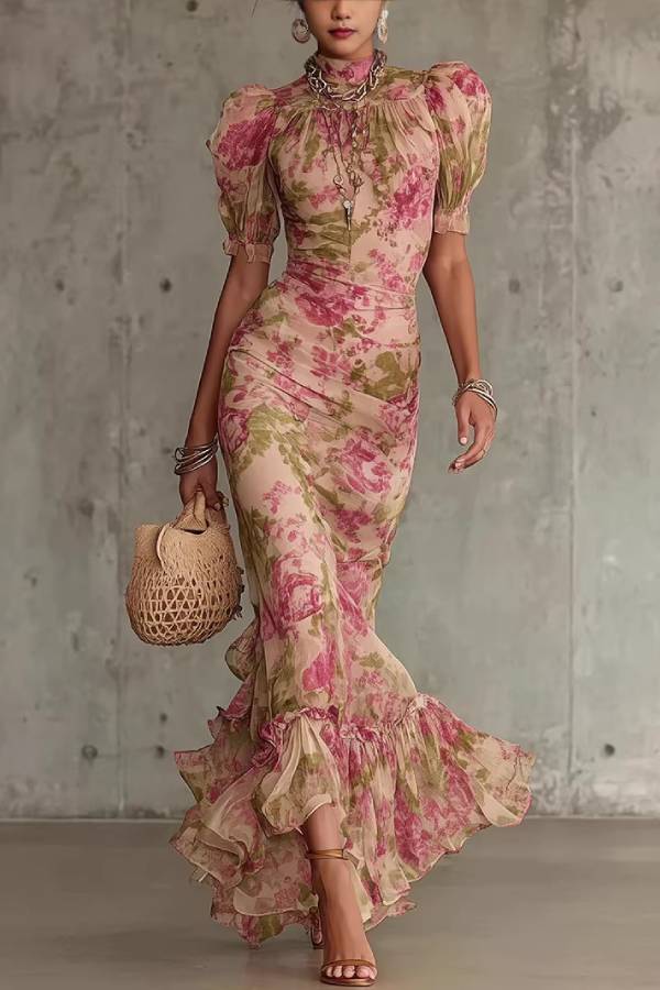 Mock Neck Puff Sleeve Watercolor Floral Ruched Mermaid Ruffle Maxi Dress