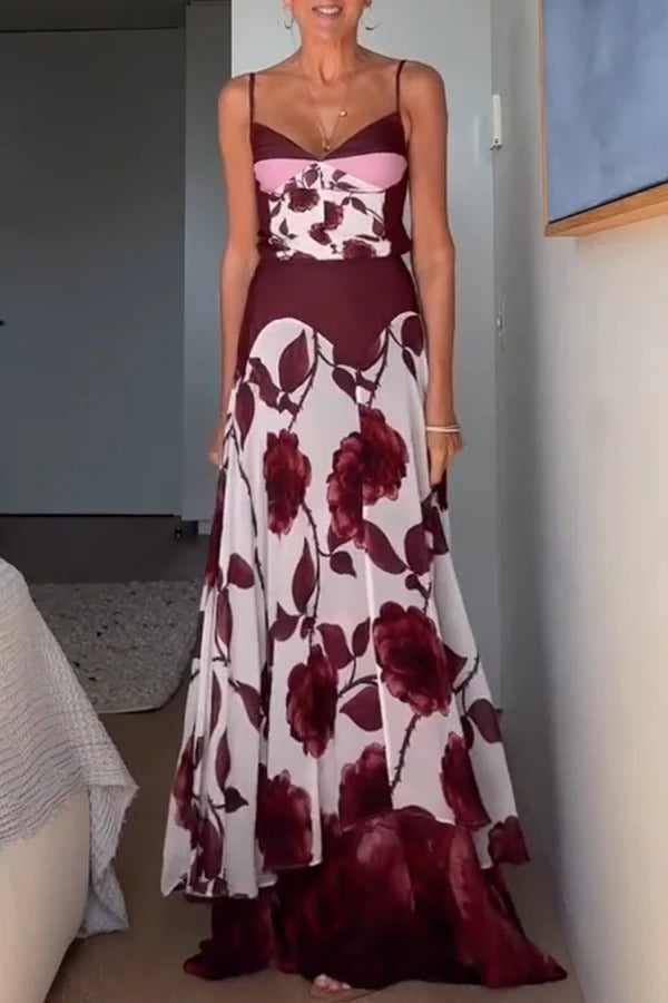 Euro Vacay Chiffon Damask Rose Print Slip Top and High Rise Double-layered Hem Maxi Skirt Set