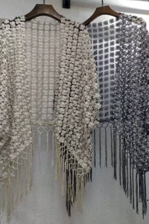 3D Pearl Daisy Tassel Sheer Lace Cape Shawl