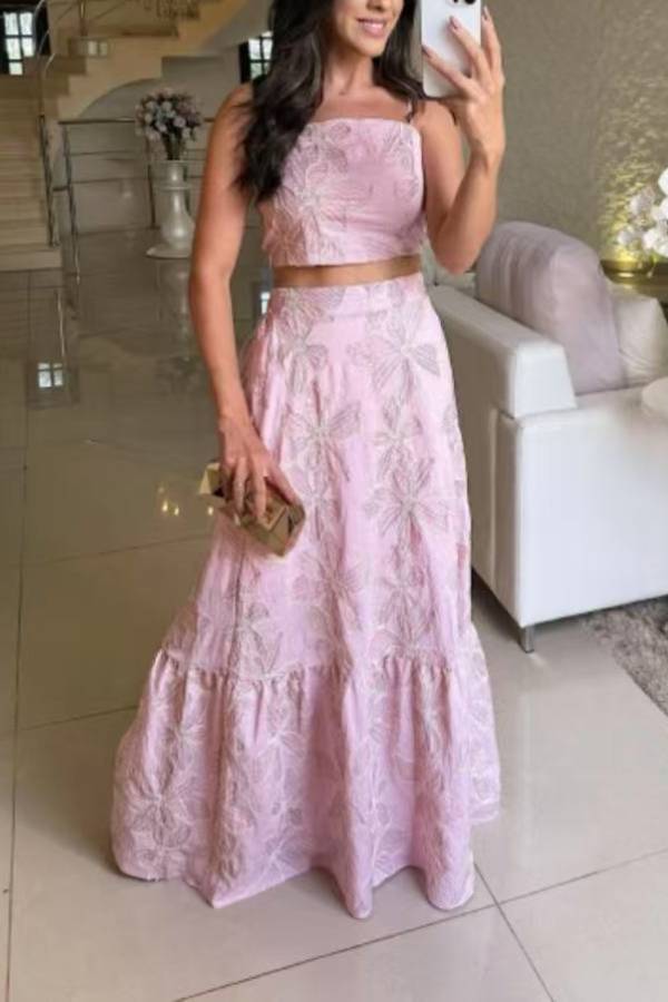 Fashion Sexy Suspender Top Elastic Waist Long Skirt Set