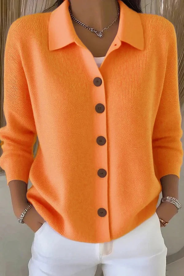 Casual Stylish Knit Solid Color Shirt Neck Button Up Long Sleeve Cardigan