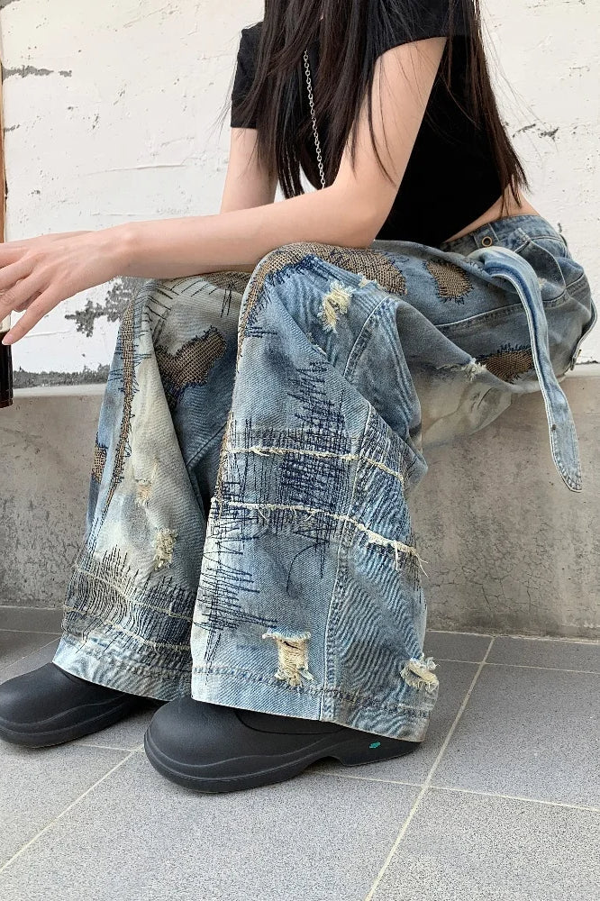 Punk Streetwear Wide Leg Denim Jeans
