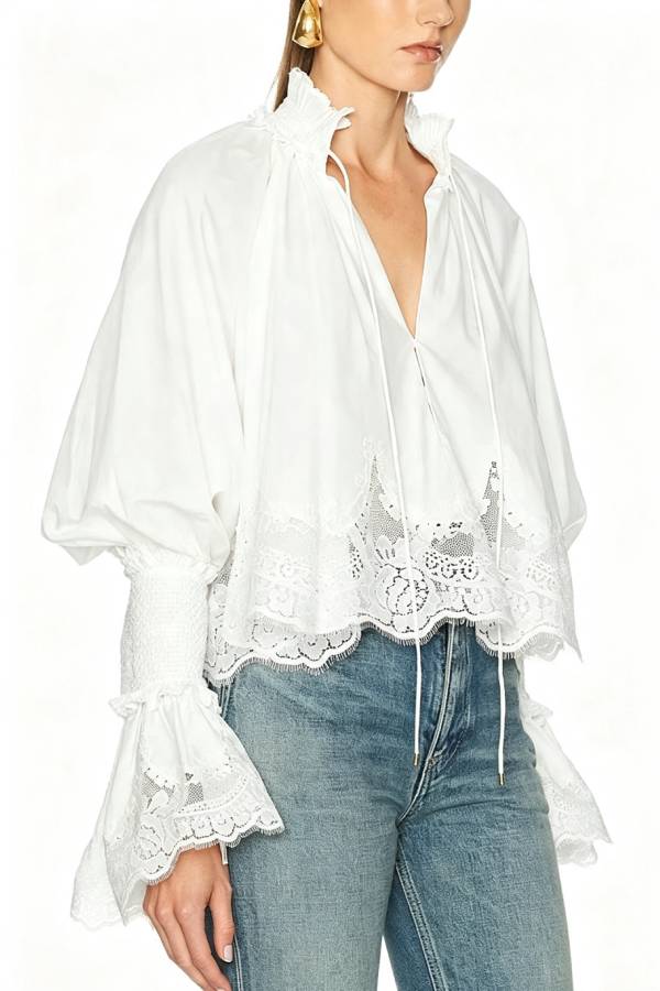 Court Style Lace Trim Stand Neck Balloon Sleeve Cape Blouse