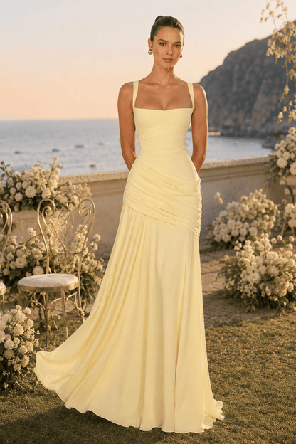 Solid Plunge Ruched Waist Backless Slip Dress