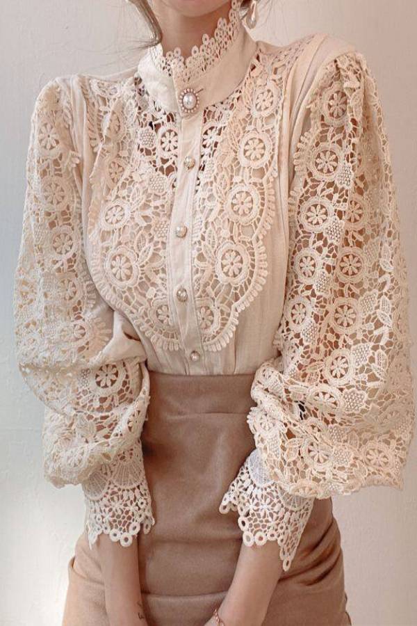 French Stand Collar Hollow Lace Puff Sleeve Blouse