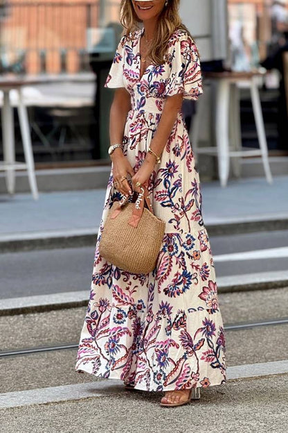 Bohemian Floral Print V-Neck Waist-Tiered Maxi Dress