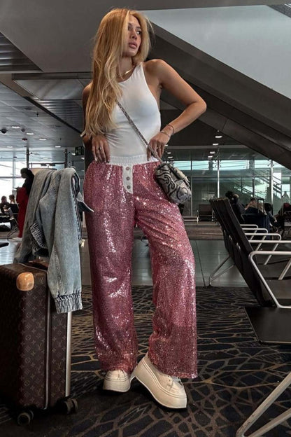Sequin Color Block Slim Loose Pants