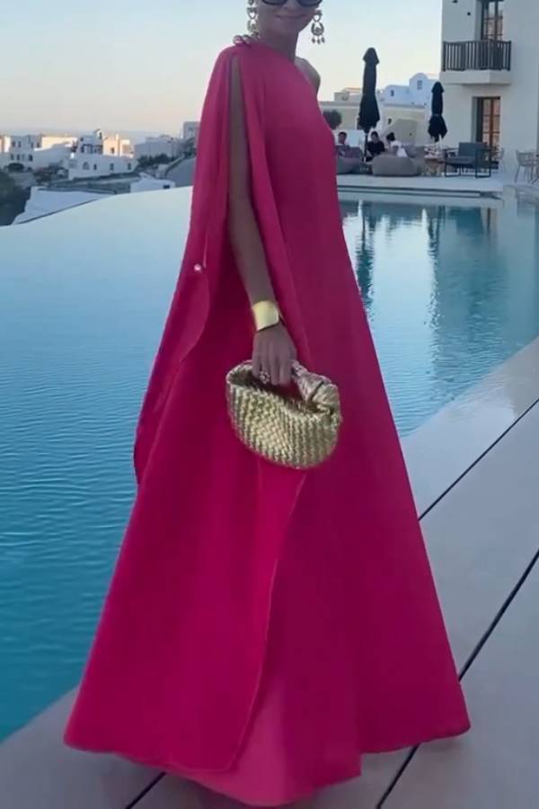 Raspberry Pink One-Shoulder Cape Flowy Maxi Dress