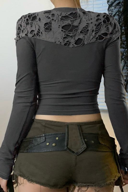 Y2K Gothic Irregular Mesh Panel Cutout Off-Shoulder Crop Top