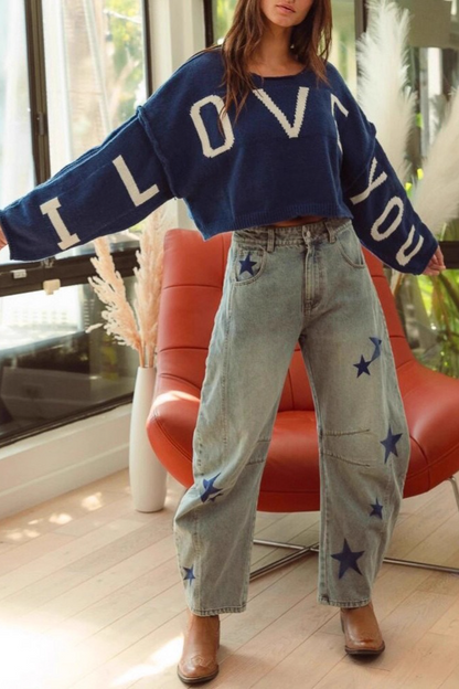 Crew Neck Letter Embroidered Cropped Knit Crop Top