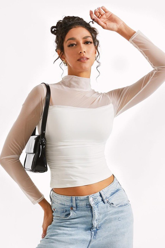Solid Mock Neck Mesh Paneled Crop Top