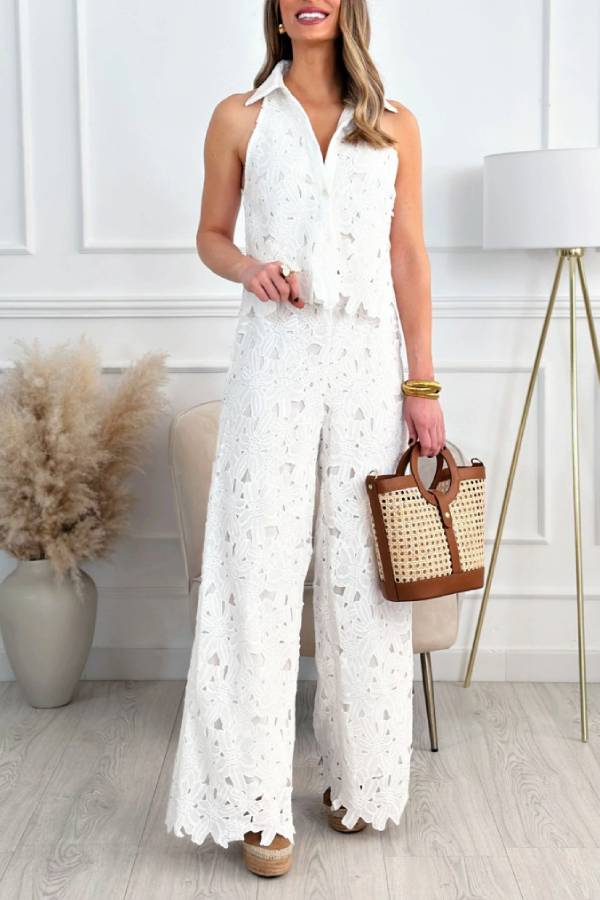 Halter Collared Lace Cut-Out Wide-Leg Pants Set