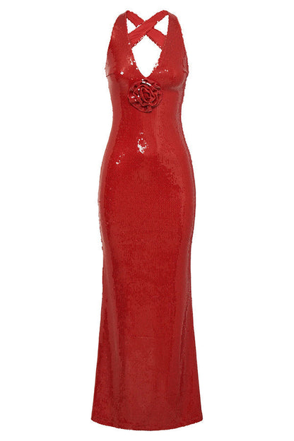 Sequin Deep V-Neck 3D Floral Applique Bodycon Maxi Gown
