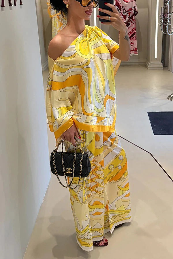 Luxe Resort Satin Unique Print Cape-style Top and Elastic Waist Pocket Wide Leg Pants Set
