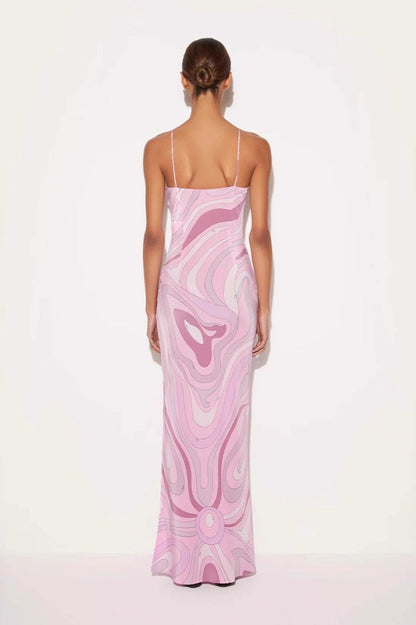 Printed Satin Cami Slit Silk Dress