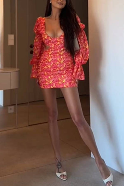 Orange Floral Puff Sleeve Cutout Bodycon Mini Dress