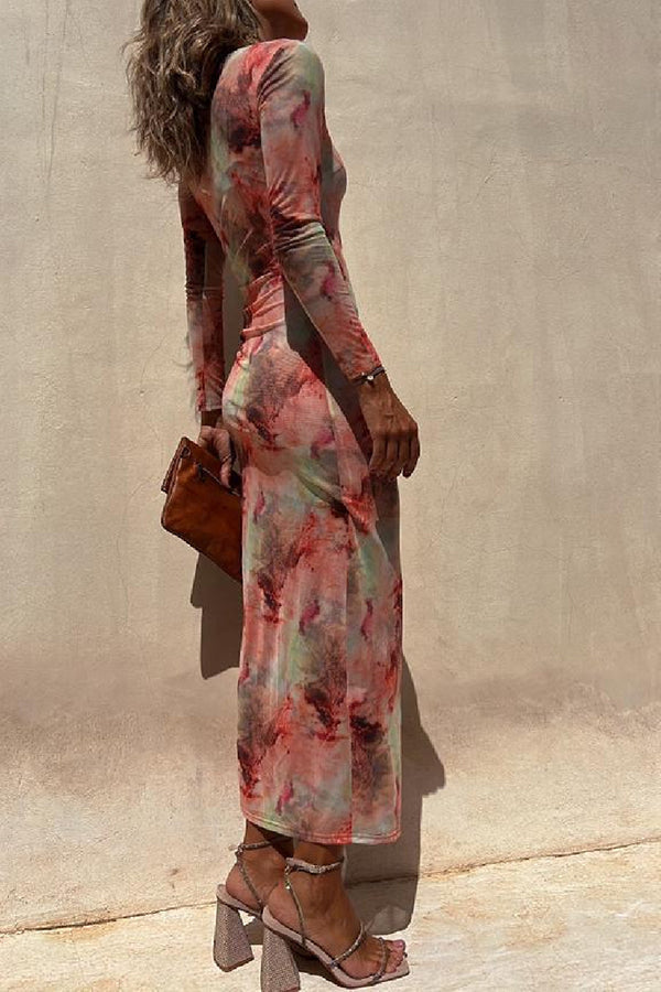 Abstract Tie Dye Print Ruched Side Slit Long Sleeve Midi Dress