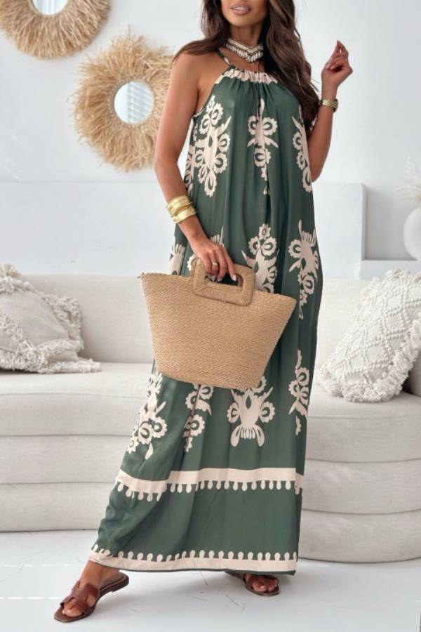 Boho Geometric Print Halter Maxi Dress