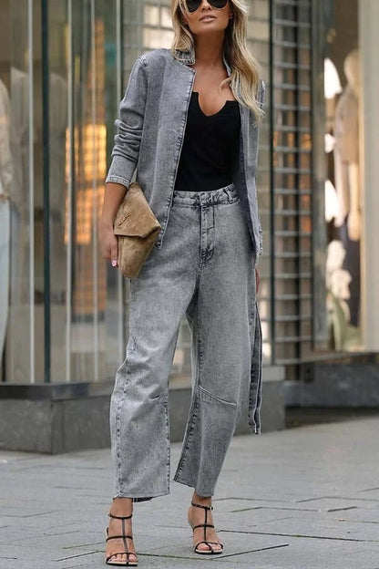 Casual Meetup Denim Stand Neck Long Sleeve Belted Loose Jacket