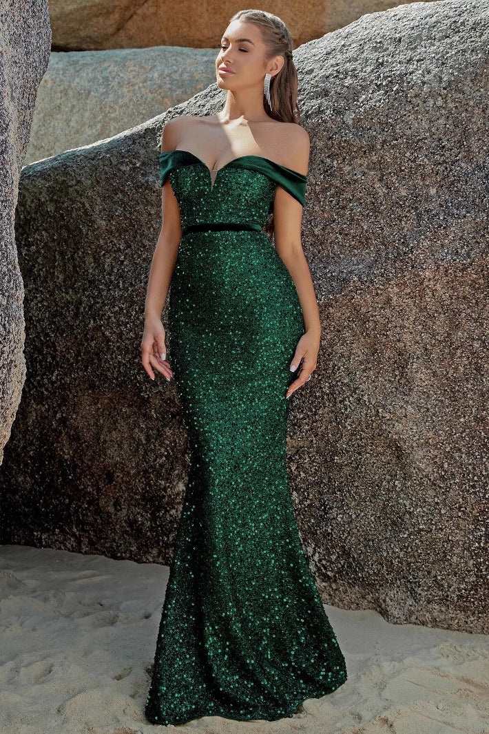 Sequin Off Shoulder Slit Formal Dress