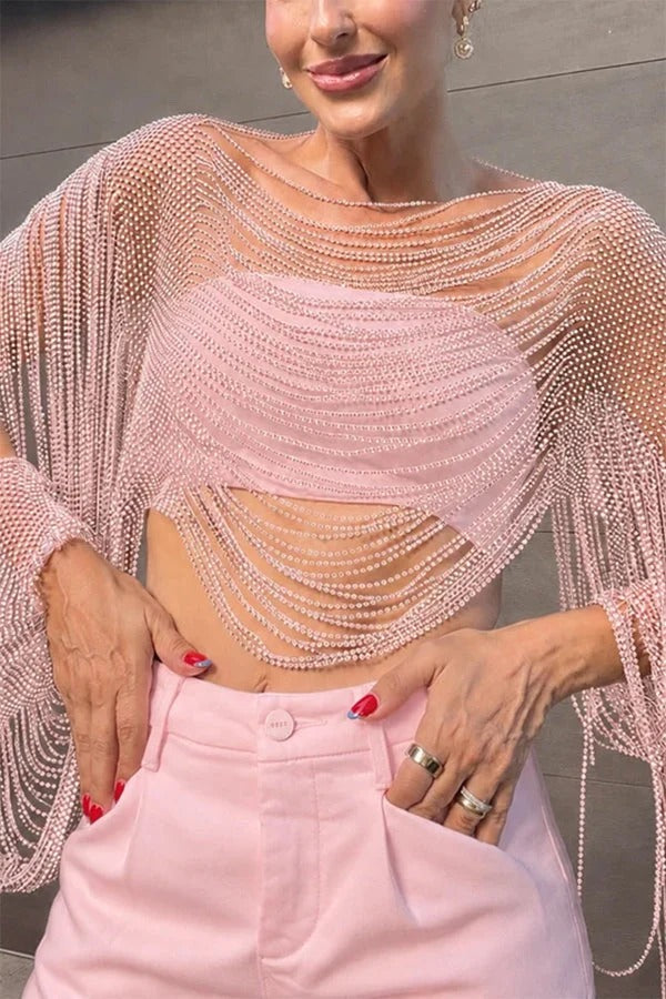 Sparkling Rhinestone Embellished Drape Tassel Batwing Sleeve Loose Crop Cover-up