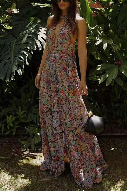 Halter V Neck Open Back Floral Print Maxi Dress