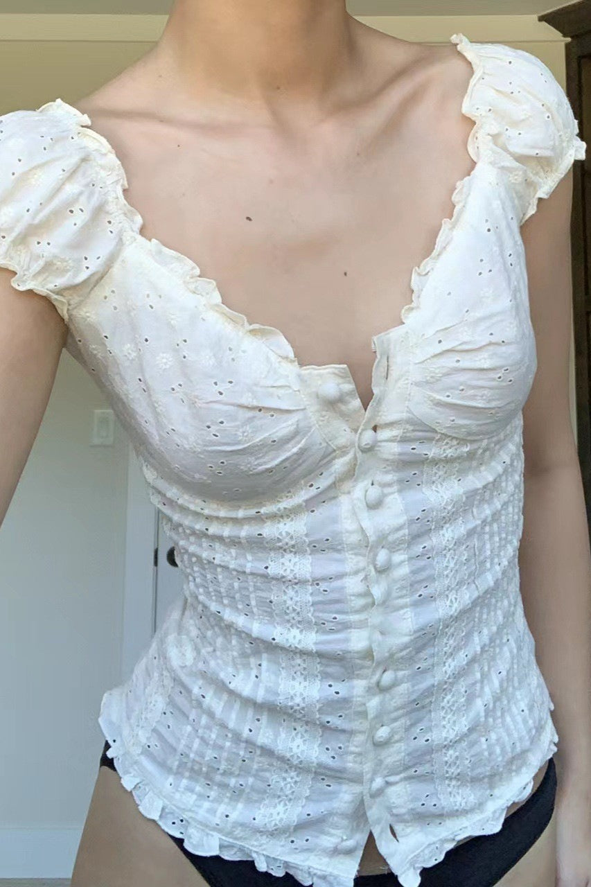 Lace Trim V Neck Button Front Slim Blouse