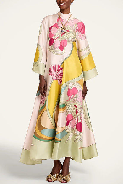Darla Satin Colorful Baroque Style Printed Tie-up Neck Bell Sleeve Maxi Dress