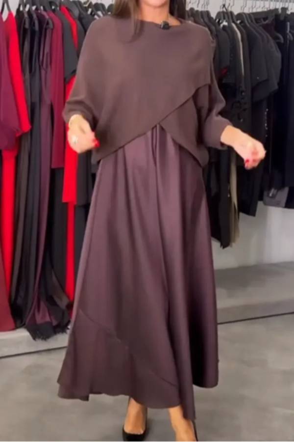 Layered Knit Collar Satin Faux Two Piece Midi Dress Elegant Swing Long Dress