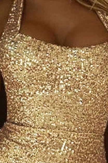 Halter High Slit Sequin Evening Sequin Dress
