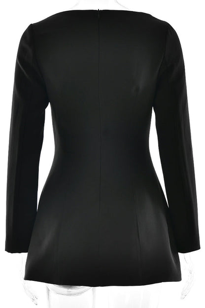 Boat Neck Long Sleeve Bow Hip Detail Structured A-Line Mini Dress
