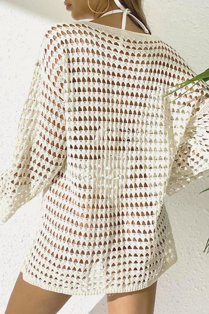 Hollow Out Knit Long Sleeve Cover Up