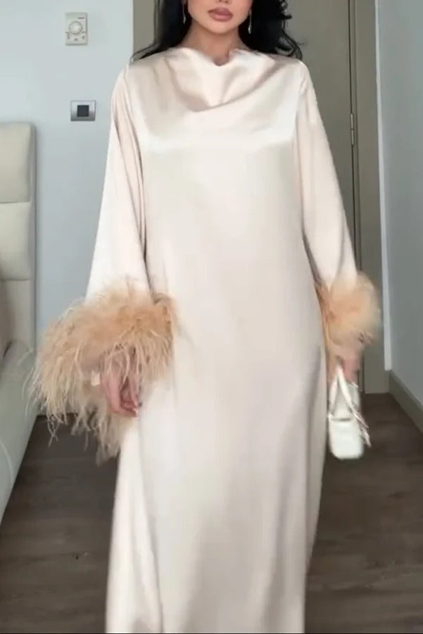 Nadina Satin Cowl Neck Long Feather Trim Sleeve Loose Maxi Dress
