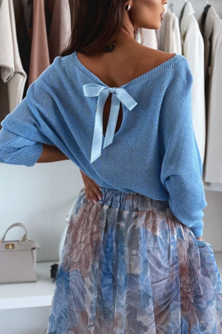 Jodie Knit Back Satin Bow Wide Neck Relaxed Sweater