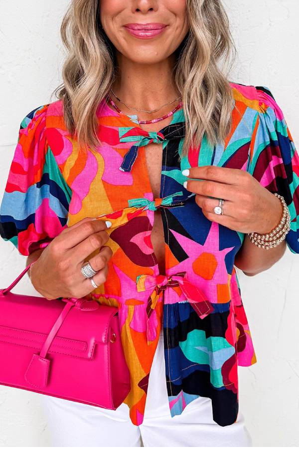 Abstract Floral Print Tie-Front Puff Sleeve Peplum Top