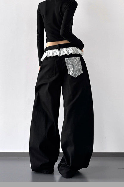 High Waist Lace Paneled Straight Wide Leg Floor Length Jeans