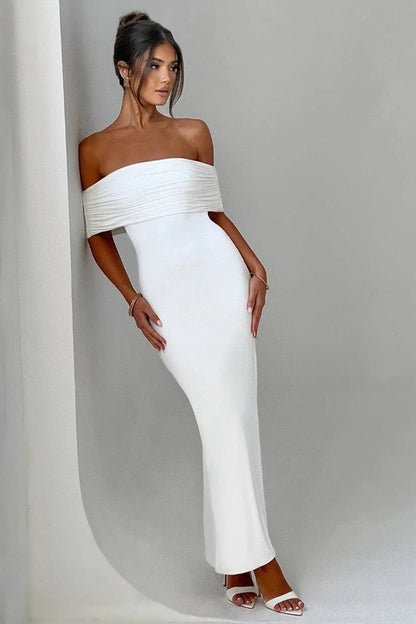 Off Shoulder Backless Bodycon Ruched Solid Formal Dress