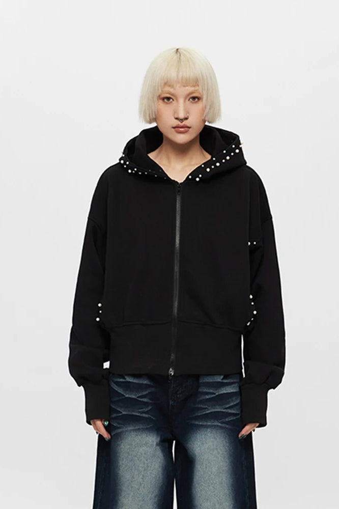 Pearl Zip-Up Loose Hoodie
