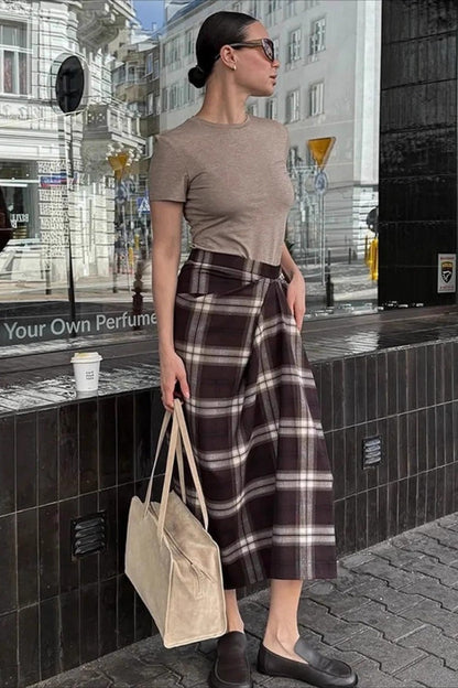 Plaid Asymmetric Pleated Straight Skirt
