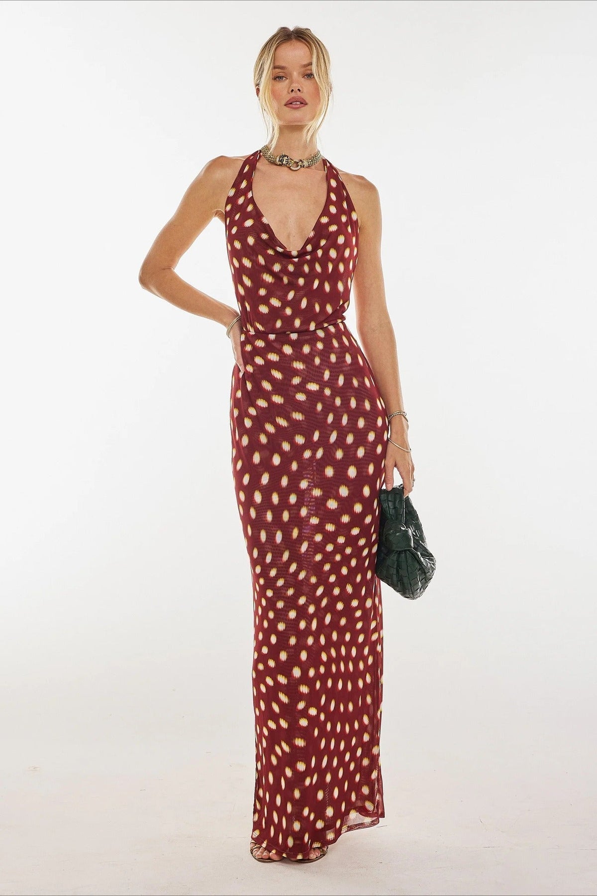 Abstract Spotted Print Halter Neck Cowl Drape Maxi Dress